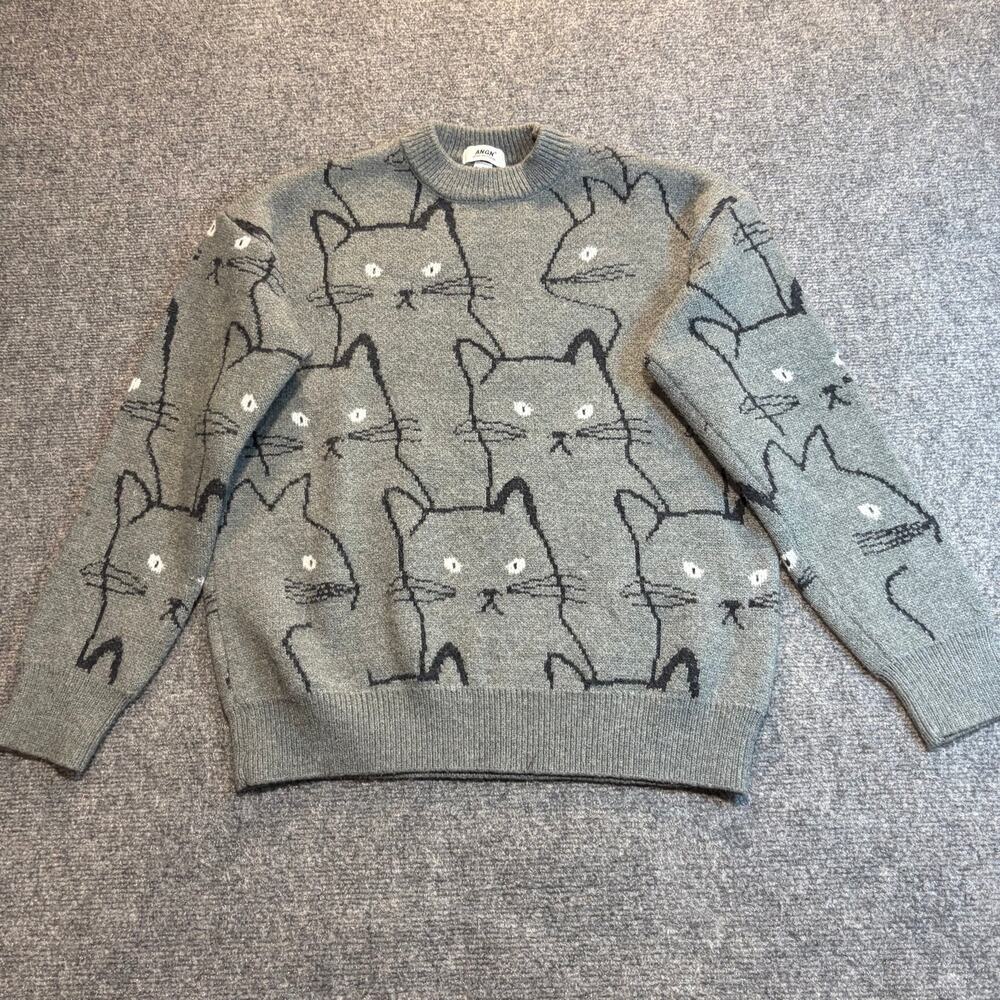 ANGN Gray Black Cat Print Knit Sweater Mens Medium Novelty Allover Kitty Jumper